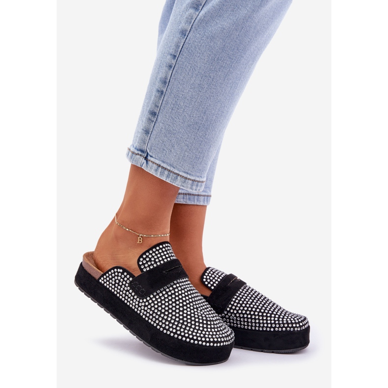 Chanclas para mujeres decoradas con circones en la plataforma negra negro 1