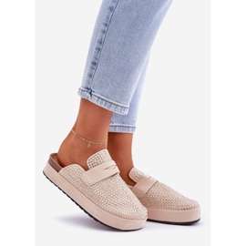 Zapatillas para mujeres decoradas con circones en la plataforma beige 1
