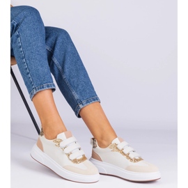 Zapatillas beige para mujeres para velcro decorado con brillo 3