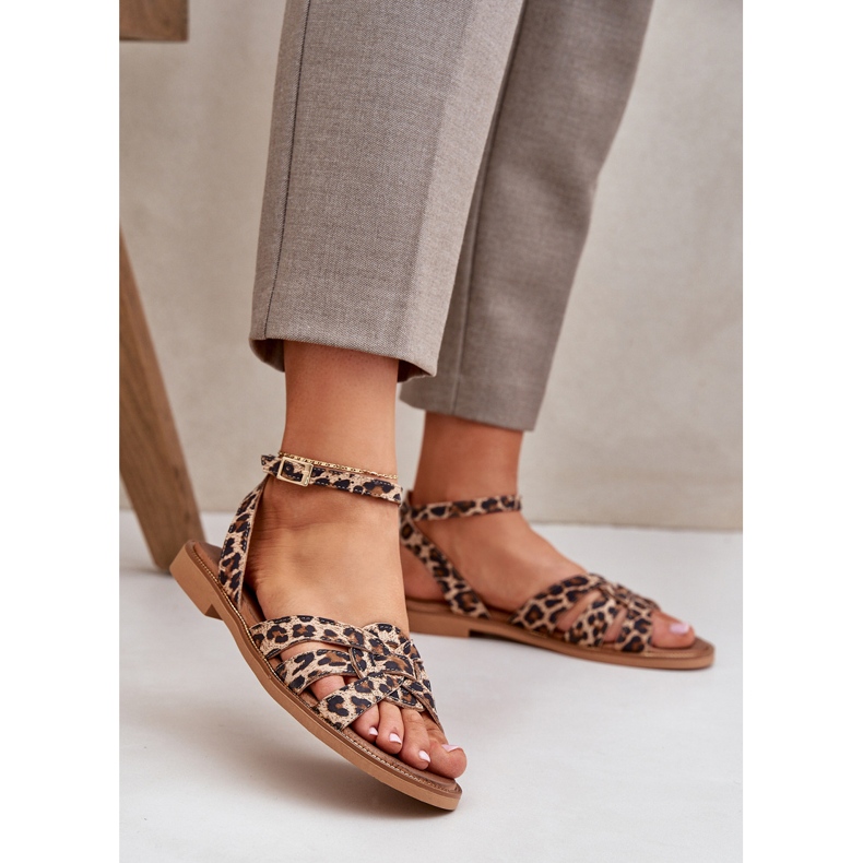 Zazoo Sandalias de cuero para mujer plana leopardo leopardo estampado 3688 marrón 2