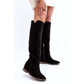 Zazoo 3407 botas de rodilla de gamuza para mujeres con tacones planos negro 3