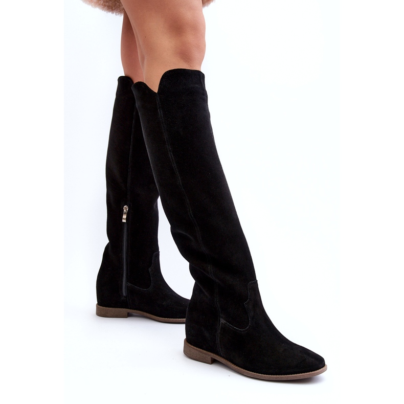 Zazoo 3407 botas de rodilla de gamuza para mujeres con tacones planos negro 4