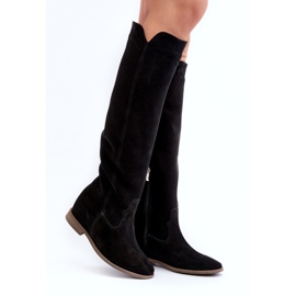 Zazoo 3407 botas de rodilla de gamuza para mujeres con tacones planos negro 1