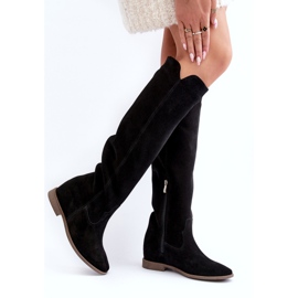 Zazoo 3407 botas de rodilla de gamuza para mujeres con tacones planos negro 2