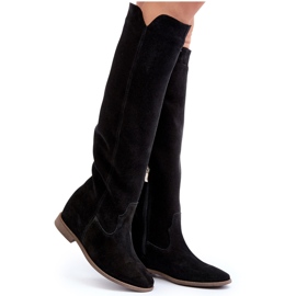 Zazoo 3407 botas de rodilla de gamuza para mujeres con tacones planos negro 6