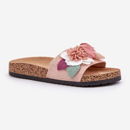 Chanclas para mujeres con flores en una plataforma de corcho rosa rosado 4