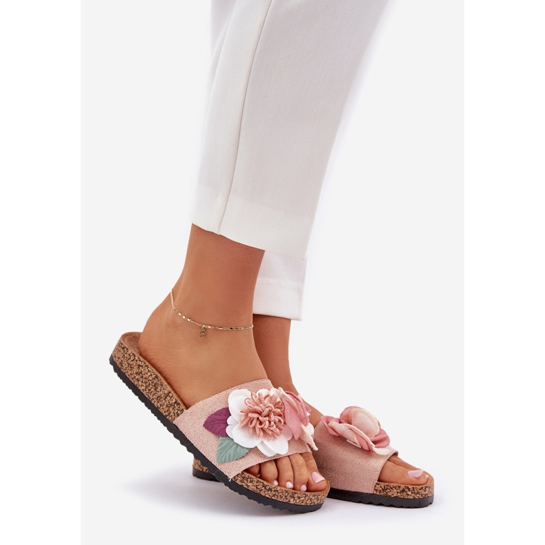Chanclas para mujeres con flores en una plataforma de corcho rosa rosado 1 Chanclas para mujeres con flores en una plataforma de corcho rosa rosado 1