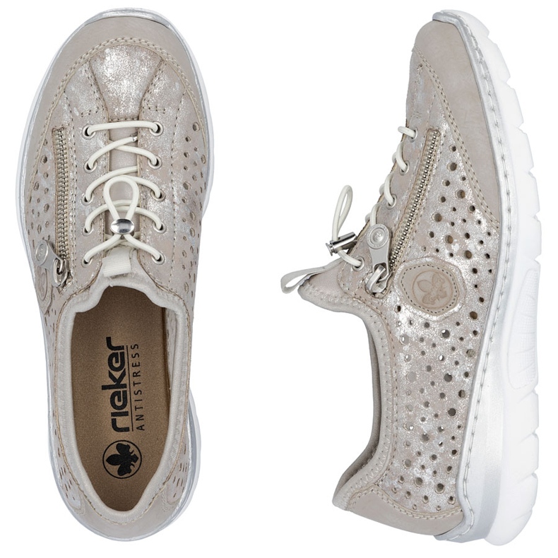 Zapatos para mujeres cómodos abiertos beige plateado rieker l32p6-90 2