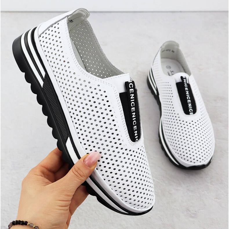 Zapatos de cuero para mujeres resbaló a Fastwork White S.Barski LR51-672 blanco 1