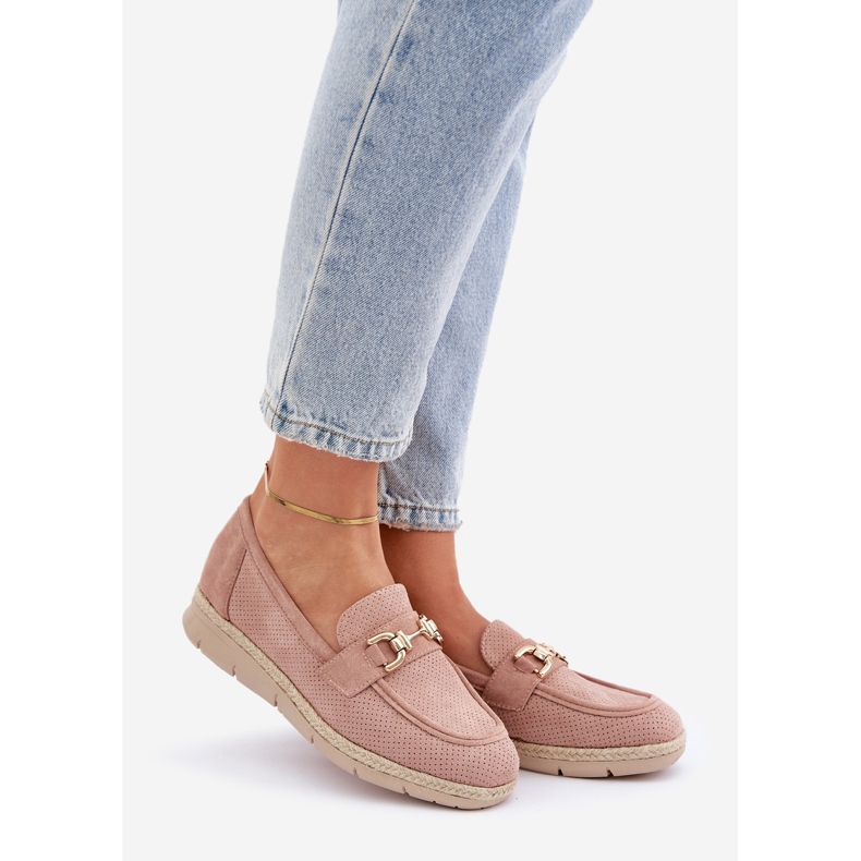 Mocasines a fuego lento con un detalle dorado y una trenza rosa de yute rosado 1 Mocasines a fuego lento con un detalle dorado y una trenza rosa de yute rosado 1