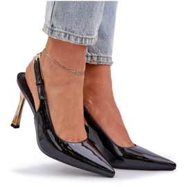 Tacones altos barnizados con un talón abierto y dedos puntiagudos negro 8