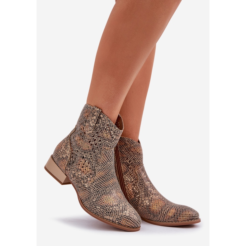 Jezzi Botas de trabajo de trabajo de mujer de baja tacón decoradas con un patrón de animales de oro dorado 1 Jezzi Botas de trabajo de trabajo de mujer de baja tacón decoradas con un patrón de animales de oro dorado 1