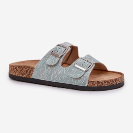 Material flip -flops en una suela de corcho con hebillas de menta verde 4