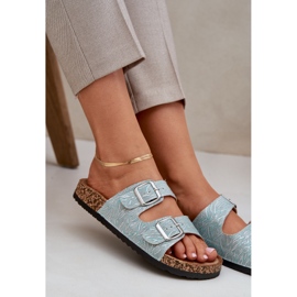 Material flip -flops en una suela de corcho con hebillas de menta verde 7