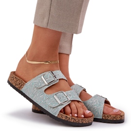 Material flip -flops en una suela de corcho con hebillas de menta verde 9