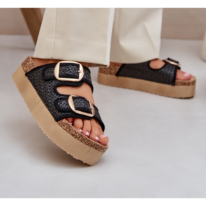 Zapatillas con trenza y hebillas en la plataforma masiva negra negro 2