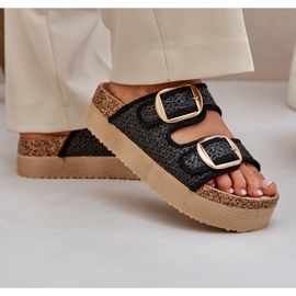 Zapatillas con trenza y hebillas en la plataforma masiva negra negro 3