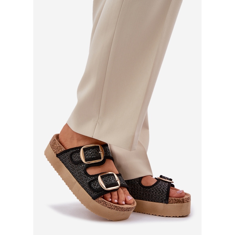 Zapatillas con trenza y hebillas en la plataforma masiva negra negro 1