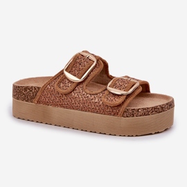 Zapatillas con trenza y hebillas en la plataforma de camello masiva beige 4