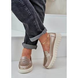 Mocasines de cuero a puertas para mujeres en la plataforma y cuñas de champán dorado 6