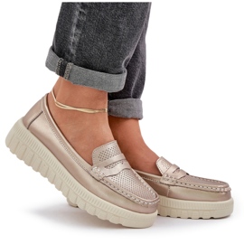 Mocasines de cuero a puertas para mujeres en la plataforma y cuñas de champán dorado 8