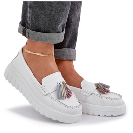 Mocasines de cuero para mujeres con flecos en la plataforma blanca blanco 9