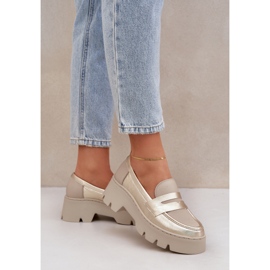 Zazoo Mocasines de cuero para mujer de ceñudo plano dorados 3