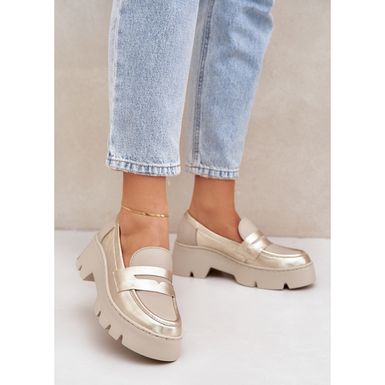 Zazoo Mocasines de cuero para mujer de ceñudo plano dorados 2