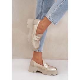 Zazoo Mocasines de cuero para mujer de ceñudo plano dorados 5