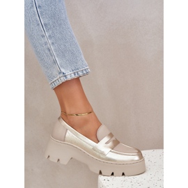 Zazoo Mocasines de cuero para mujer de ceñudo plano dorados 7