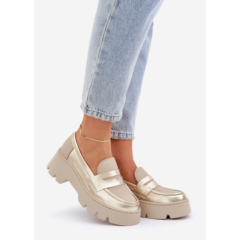 Zazoo Mocasines de cuero para mujer de ceñudo plano dorados 1