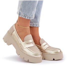 Zazoo Mocasines de cuero para mujer de ceñudo plano dorados 9