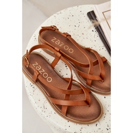 Sandalias planas de cuero con correas de marrón Zazoo 40429 entrelazadas 9