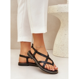 Sandalias planas de cuero con correas negras Zazoo 40429 entrelazadas negro 3