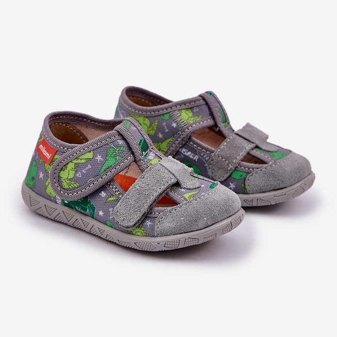 Zapatillas para niños para velcro en dinosaurios grises verdes 1