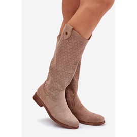 Botas de tacón plano con un patrón de trabajo abierto S.Barski Hy51-062 beige 1