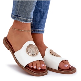Flip de cuero de cuero ecológico chanclas con una decoración blanca blanco 7