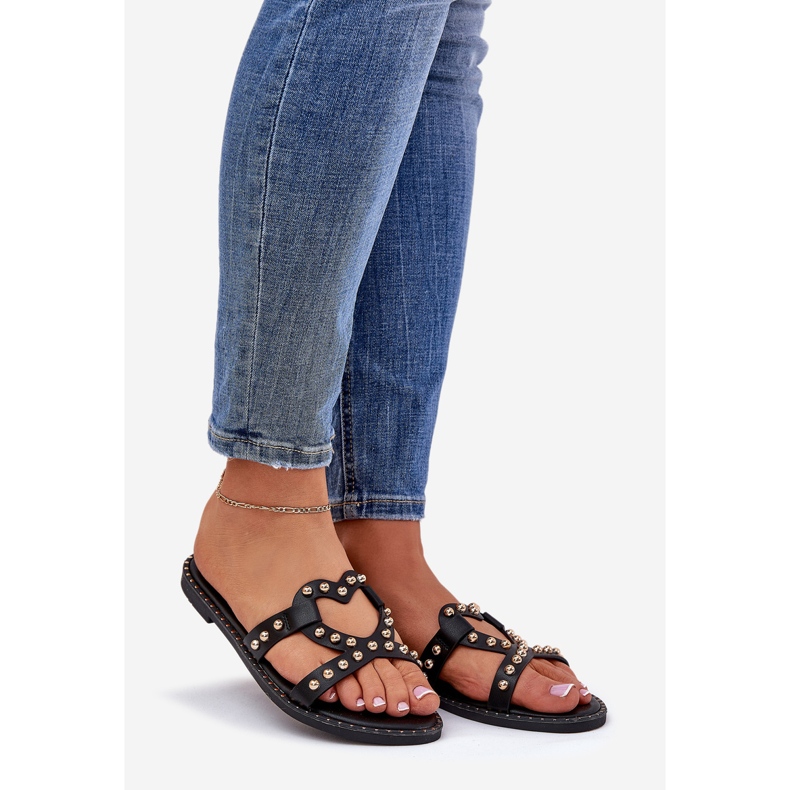 Chanclas negras de mujeres planas decoradas negro 1