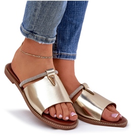 Tacones planos de cuero ecológico con una correa de oro decorativa dorado 8