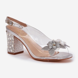S.Barski Sandalias transparentes con flores en el talón decorado D&amp;A MR38-331 Silver plata 4