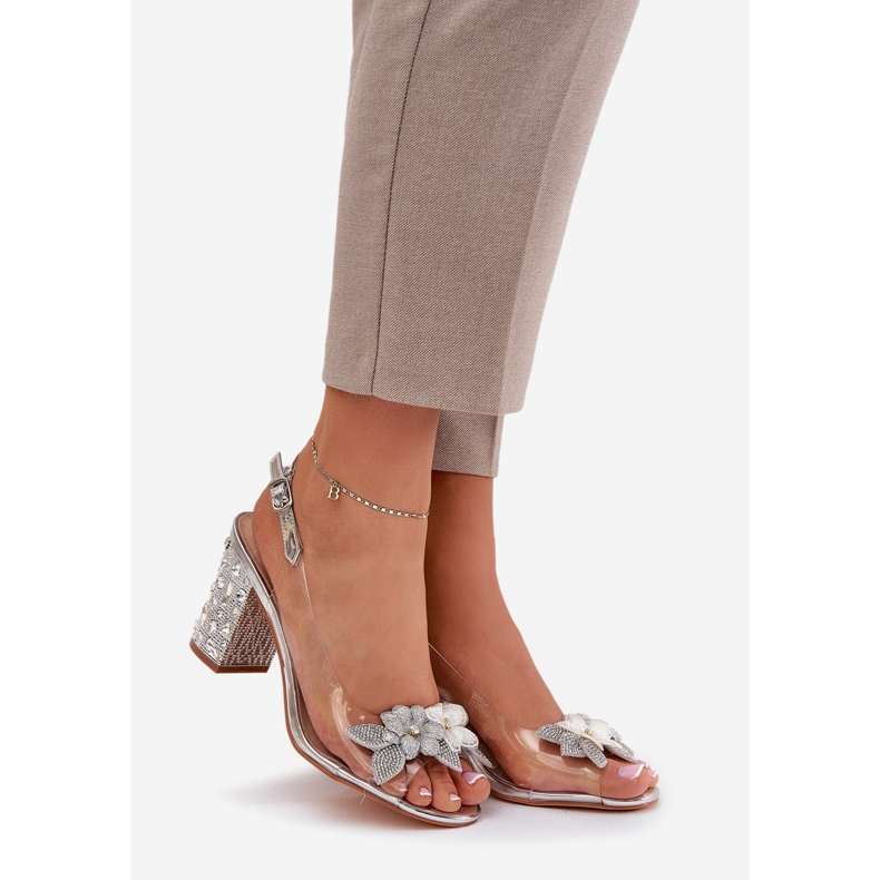 S.Barski Sandalias transparentes con flores en el talón decorado D&amp;A MR38-331 Silver plata 1