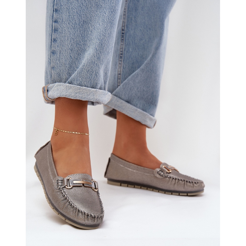 S.Barski Mocasador plano de brillo hechos de D&amp;A LR51-546 de cuero natural LR51-546 plata 2