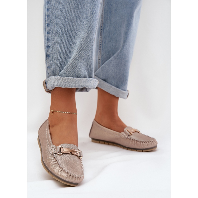 S.Barski Mocasador plano de brillo hechos de D&amp;A LR51-546 Zloty de cuero natural dorado 2