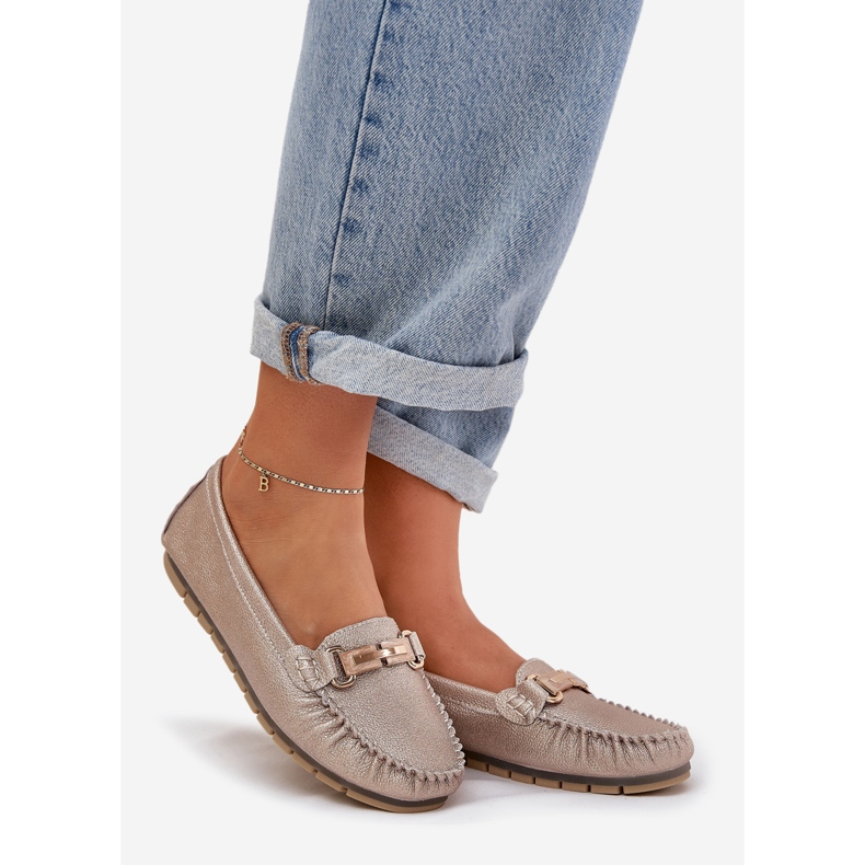 S.Barski Mocasador plano de brillo hechos de D&amp;A LR51-546 Zloty de cuero natural dorado 1