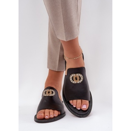 Elegantes chanclas para mujeres de cuero con decoración Zazoo 3008 Negro 3