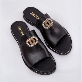 Elegantes chanclas para mujeres de cuero con decoración Zazoo 3008 Negro 7