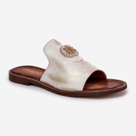 Elegantes chanclas para mujeres de cuero con un Zazoo 3008 Zloty, limpiado dorado 4