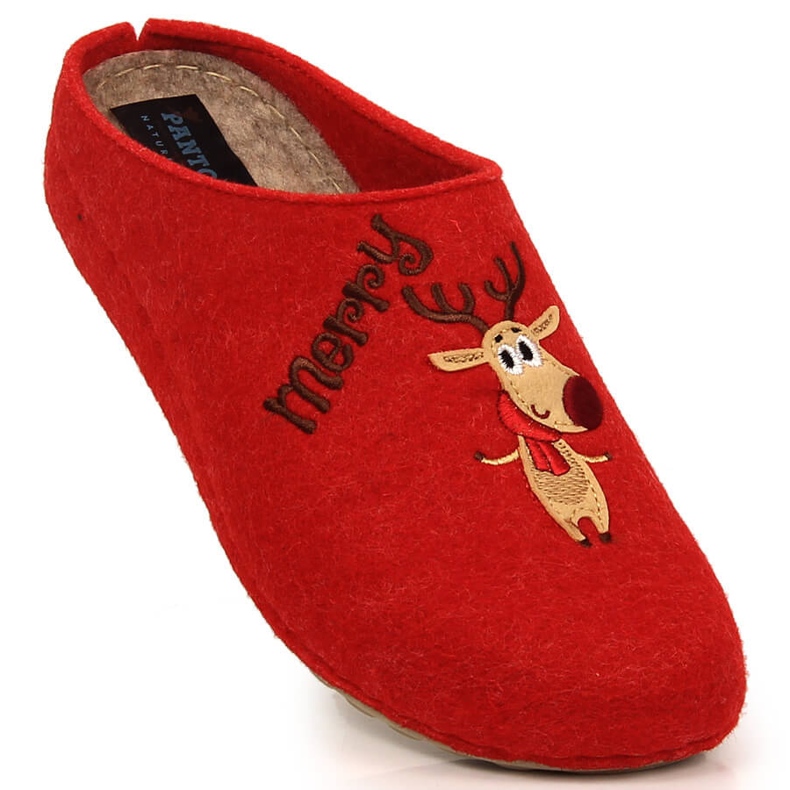 Cómodas zapatillas de casa de mujer con reno y muñeco de nieve Panto Fino KK267037 rojo 1