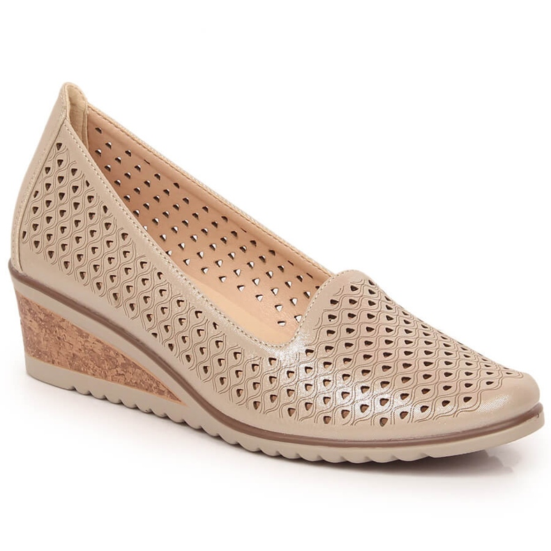 Zapatos cuña mujer calados beige brillo Potocki SZ12018 1