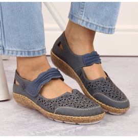 Zapatos mujer piel calada con velcro, azul Rieker 44896-15 3